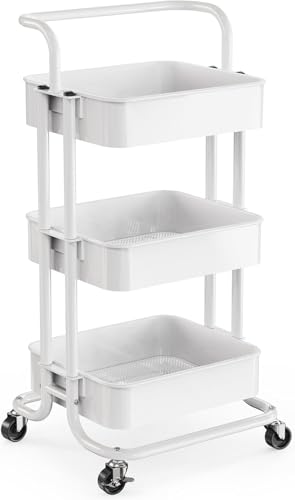 Pipishell 3 Tier Mesh Utility Cart, Rolling Metal Organization Cart with Handle and Lockable Wheels, Multifunctional Storage Shelves for Kitchen Living Room Office White - color: White, size: 3-Tier