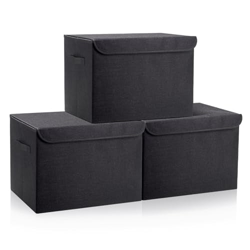 Bagnizer Large 17" 42 Quarts Collapsible Stackable Storage Bins with Lids [3-Pack] Foldable Fabric Linen Storage Boxes Cube, Closet Organizer Baskets with Label (16.7 x 12 x 12, Black) - color: Black, size: Large - 3 Pack