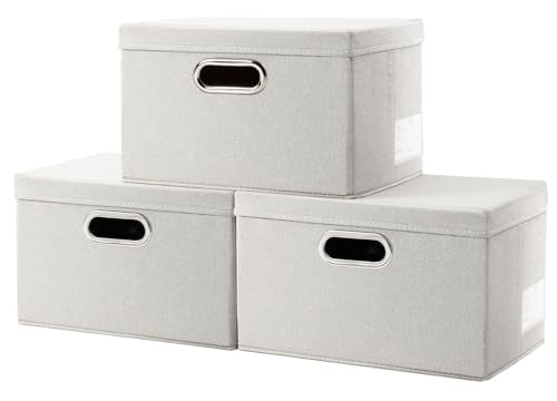 PRANDOM Storage Bins with Lids [3-Pack] Linen Fabric Foldable Storage Boxes Organizer Containers Baskets Cube with Cover for Bedroom Closet Office Beige（11.4X8.6X6.7 - color: Beige, size: S(3-pack)