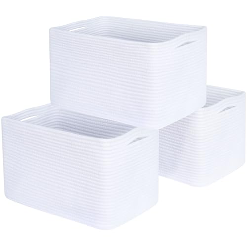 MINTWOOD Design 3-Pack Decorative Woven Storage Baskets for Shelves, Cube Bin Box for Organizing Books, Shoes, Dog Toys, Pantry Closet and Living Room Organizer, Full White - color: Full White