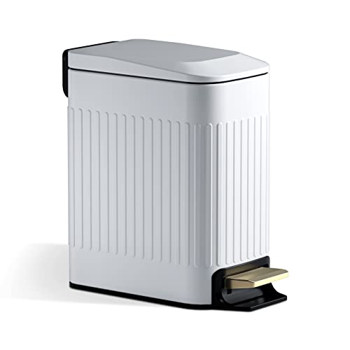 Small Bathroom Trash Can with Lid Soft Close-6L/1.6 Gal Slim Step Garbage Can-Metal Pedal Wastebasket-Narrow Rectangle Garbage Container Bin for Corner Office, Bedroom, Toilet, Live Room-White - color: Embossed-White