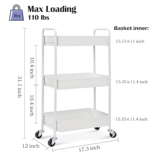 TOOLF 3-Tier Rolling Cart - Metal Utility Storage Organizer with Lockable Wheels, 33 lbs Per Shelf, Tool-Free 5-Min Assembly, for Kitchen Bathroom Office Nursery Craft Room, White - color: White, size: 3-Tier