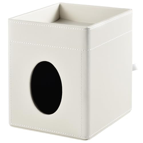 Tissue Box Cover with Storage Tray Square Tissue Box Holder PU Leather Facial Tissues Organizer Tray for Bathroom Vanity Bedroom Office Car,Stylish Napkin Caddy Decorative Organizer,Cream White - color: Cream White