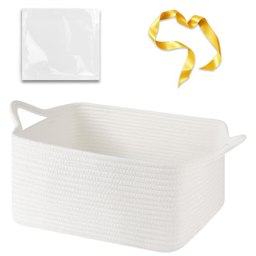 OIASKET Empty Gift Baskets for Baby Shower, 15.4"L x 11.4"W x 6.7"H Cute Woven Storage Basket with Gift Bags and Ribbons, Small Rope Toy Basket with Handles, Cat Dog Pet Toy Organizer - Small White - color: White, size: Medium: 15.4"L x 11.4"W x 6.7"H