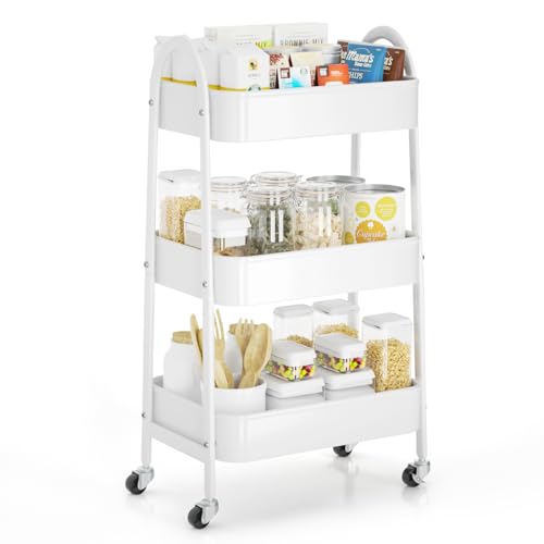 EAGMAK 3 Tier Rolling Cart Under Desk, Large Metal Storage Cart with Handle and Lockable Wheels, Big Multifunctional Storage Organizer Trolley for Kitchen, Living Room, Office, Garage (White) - color: White, size: Large
