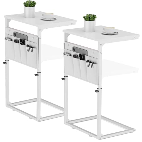 Vagusicc C Shaped End Table, Set of 2 Tall Side Table for Couch, Adjustable Height Small Couch Side Table for Small Spaces, End Table Slide Under Sofa Table TV Tray Arm Table for Living Room, White - color: White 2pc