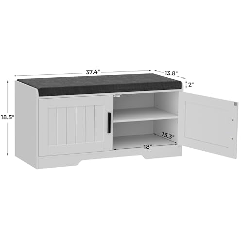 Homleke 2-Tier Storage Bench, Shoe Bench with Thickened Padded Seat Cushion, Entryway Bench with 2 Doors, Adjustable Shelf, 13.8" D x 37.4" W x 18.5" H, for Entryway, Living Room, Bedroom, White - color: White, size: 37.4"