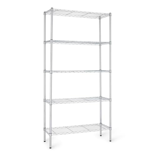 Amazon Basics 5-Shelf Adjustable Heavy Duty Steel Wire Rack, Space Saving Storage Shelving Organizer for Kitchen, Garage, No-Tool Assembly, 350 lbs Weight Capacity, 36" x 14" x 72", Chrome