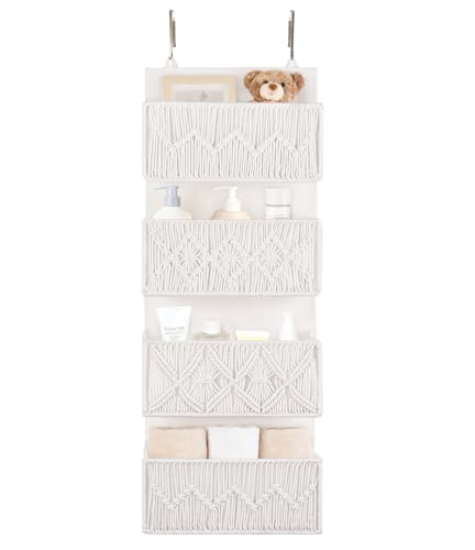 Dahey Over the Door Organizer Macrame Boho Nursery Storage Decor with 4 Large Woven Pockets Closet Hanging Organizer for Bedroom Nursery Bathroom Apartments Dorm Pantry Decoration, White