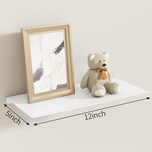 MKO 12" Floating Shelves for Wall, Small Metal Wall Mounted Shelf for Bathroom, Bedroom, Living Room, Kitchen, Little Hanging Shelves for Books/Storage/Room Decor 2 Packs, White - color: White, size: 12 IN