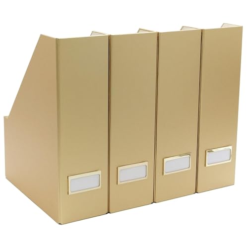 BLU MONACO | Gold Cardboard Magazine File Holder Set of 4 | Vertical Magazine File Holder for Shelves | Standing File Holder Desk Organizer - color: Gold