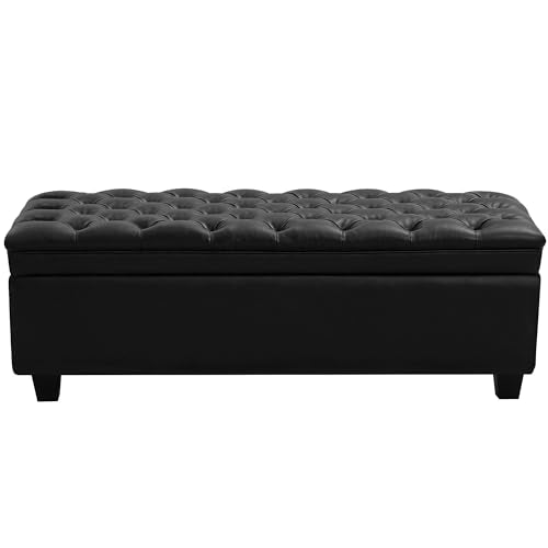 WUTUTUEE 50" Faux Leather Storage Ottoman Bench, End of Bed Upholstered Rectangle Storage Ottoman Tufted Living Room Bedroom Bench with Safety Hinge, Solid Wood Legs, Loads 500 lb(Black) - color: Black