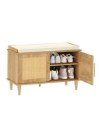 Akxomel Rattan Shoe Storage Bench with Cushion, 2-Tier Entryway Bench with Adjustable Shelves and 2 Doors, 15" D x 31.5" W x 20" H, Solid Wood Legs, for Hallway, Living Room, Bedroom, Natural Oak - size: 15"D x 31.5"W x 20"H