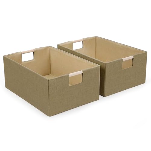 Foldable Fabric Storage Baskets Set of 2 for Shelves, Linen Decorative Storage Bins with Wooden Handles, Small Organizer Cubes for Closet, Rectangle Canvas Boxes for Organizing, Decor (Brown 2 Pack) - color: Brown 2 Pack