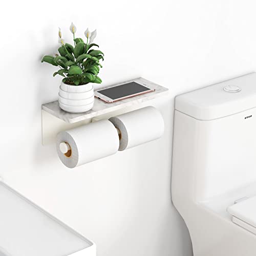 White Toilet Paper Holder with Shelf, New Upgrade Double Toilet Paper Holder with Storage, Marble Roll Toilet Paper Wall Mount for Bathroom Washroom - color: White, size: 2 Roll