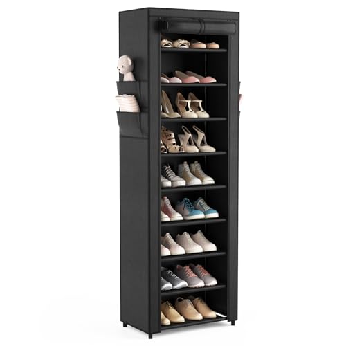 VILICK Shoe Rack with Cover Narrow Shoe Organizer with 4 Side Pockets 10 Tier Tall Shoe Storage Holds 18-22 Pairs Shoes and Boots Shoe Rack for Closet Entryway Garage - color: Black, size: 10 Tiers-17.7" Wide