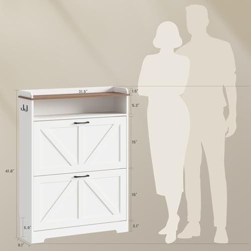 Shoe Cabinet Organizer with 2 Flip Drawers, Farmhouse Narrow Shoe Cabinet with 2 Adjustable Shelves & 2 Hooks, Shoe cabinet storage for entryway, Foyer, Hallway, White, 31.5"W x 8.7"D x 41.7"H - color: White + Brown, size: 2 Drawers with Shelf