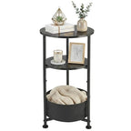 Small Round Side Table with Storage Basket, 3-Tier Narrow End Table Nightstand for Living Room Bedroom, 11.8" Diameter Modern Bedside Table for Small Spaces, Wood Grain & Metal Frame (Black) - color: Black