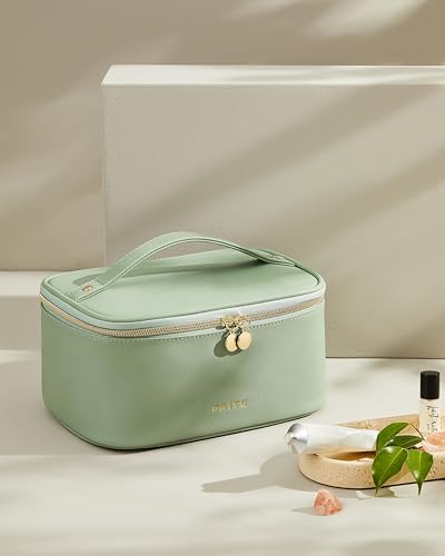 Prite Makeup Bag, Large Capacity Portable Travel Cosmetic Bag, Waterproof Makeup Organizer for Women with Handle and Divider (001 Green) - color: 001 Green