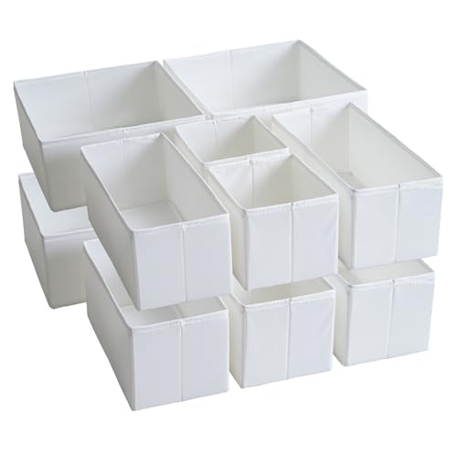 TYEERS Drawer Organizers, Durable Fabric, Washable, with Base Support Boards, Small Storage Boxes for Bathroom, Closet, Dresser, Set of 12, White - color: White, size: S+M+L (Set of 12)