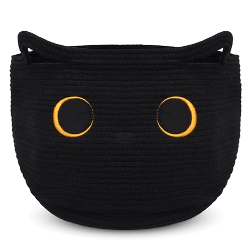 Cute Black Cat Round Basket - Cotton Rope Baskets Large Baby Laundry Blasket for Nursery, Woven Blanket Basket Hamper With Handle Toy Storage Basket for Gifts, Baby Shower 14 ×12 inchs 30.5L - color: Black, size: 14 × 12 inches