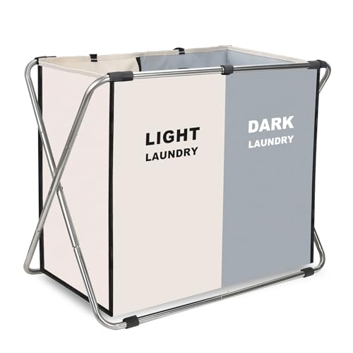 Laundry Cloth Hamper Sorter Basket Bin Foldable 2 Sections with stainless steel Frame Washing Storage Dirty Clothes Bag for Bathroom Bedroom Home Storage Basket (White+gray, 2 Sections) - color: White+gray, size: 2 Sections