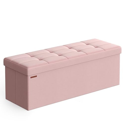 SONGMICS MAZIE Collection - 43 Inches Folding Storage Ottoman Bench, Ottoman Foot Rest, End of Bed Bench, Storage Chest, Load 660 lb, for Living Room, Bedroom, Entryway, Jelly Pink ULSF077R11 - color: Jelly Pink, size: 15"D x 43"W x 15"H