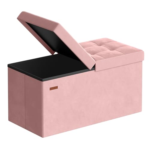 SONGMICS Mazie Collection - 30 Inches Storage Ottoman, Foldable Storage Bench with Flipping Lid, 660 lb Load Capacity, for Entryway, Living Room, Bedroom, Velvet Fabric, Jelly Pink ULSF048SA03 - color: Jelly Pink, size: 15"D x 30"W x 15"H