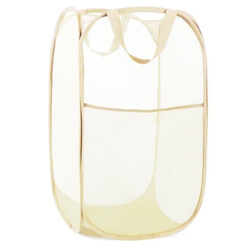Durable Collapsible Laundry Baskets- Reinforced Mesh Pop Up Laundry Hamper with Side Pocket, Foldable Clothes Storage Hamper with Carry Handles for Laundry, Bathroom, Kids Room, Dorm or Travel Beige - color: Beige, size: Pop Vertical