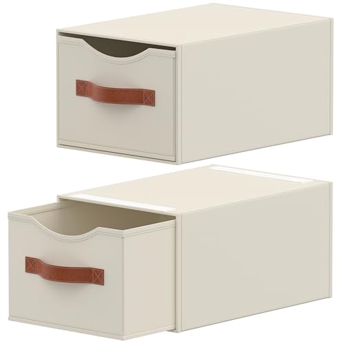 2 Pack Stackable Storage Drawers, Fabric Closet Organizers and Storage with Handles and Clear Window, Pull-Out Clothes Storage Bins with Drawer for Closet, Bedroom, Living Room, Under Bed, Beige - color: Beige, size: 2 Pack