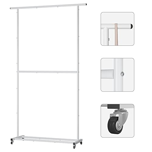 Sywhitta Double Rod Clothing Garment Rack, Rolling Clothes Organizer on Wheels for Hanging Clothes, Easy to Assemble, Adjustable, White - color: White, size: No mesh