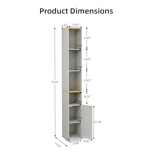 Casaphoria Space-Saving 72" Tall Narrow Bathroom Storage Cabinet, 6-Tier Slim Storage Cabinet with Adjustable Shelves, Anti-Tip Freestanding Display Shelf for Small Spaces, Apartments,White - size: 9.44"L×11.8"W×72.04"H
