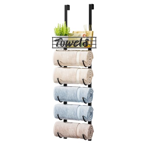 HapiRm Towel Racks for Bathroom Storage - 6 Tier Over The Door & Wall Mount Rolled Towel Storage Organizer Holder with Metal Shelf Basket for Small Bathroom, Camper, Rv - Black, Patented - color: Black, size: 6-Tier