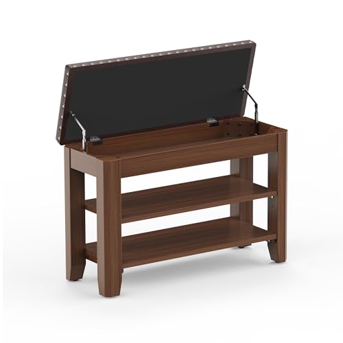 Shoe Bench for Entryway, Solid Rubberwood Shoe Bench with Hidden Storage, Adjustable 2-Tier Shelves & Soft PU Leather Seat, Shoe Rack Durable Easy Assembly for Hallway or Bedroom - Brown, 31.5" - color: Brown, size: 31.52"W x 11.82"D x 20.47"H