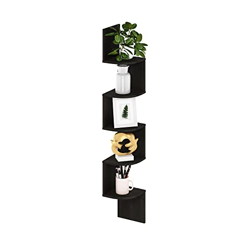 Furinno Rossi 5-Tier Floating Corner Shelf for Wall, Corner Zigzag Shelf Wall Mounted, Radial Wall Mount Shelves, for Home Office, Living Room, Bedroom, Bathroom, Espresso - color: Espresso, size: 5-Tier Square