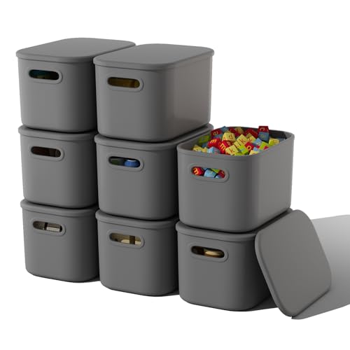 ORGIDOL 8 Pack Dark Grey Storage Bins with Lids Stackable Storage Container for Organizing, Storage Boxes with Handle for Shelves, Cute Organizer Bins for Craft, Snacks, 9.85x6.9x5.7 inch - color: Dark Grey, size: 8 Pack