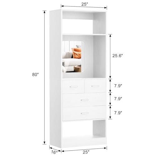 Unikito 25" Closet System with Drawers, 2FT Freestanding Closets Organizer with Storage Shelves and Mirror, Sturdy Walk in Closet Tower for Bedroom, Mudroom and Entryway, 25" W x 16" D x 80" H, White