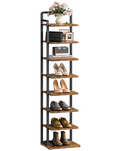 CHOEZON 8-Tier Vertical Shoe Rack, Narrow Shoe Tower, Corner Shoe Storage Organizer, Shoe Shelf, for Small Spaces, Industrial Style, for Entryway, Hallway, Living Room, Rustic Brown and Black TXJ08BF - color: Rustic Brown, Black, size: 11.7"L x 8.9"W x 53
