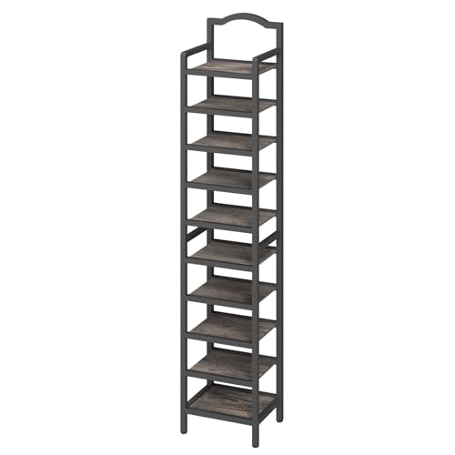 YATINEY 10-Tier Tall Shoe Rack, Vertical Shoe Organizer for Small Spaces, Wooden Shoe Shelf for Entryway, Space Saving Shoe Storage, Holds 10 Pairs of Shoes, Charcoal Gray and Black SS50BC - color: Charcoal + Black, size: 11" x 11" x 72"