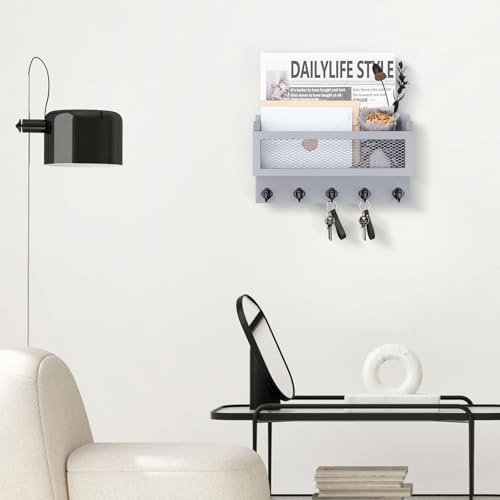 Nekon Mail and Key Holder for Wall Decorative, 11 Inch Wooden Wall Key Organizer with 5 Key Hooks, Wall Mount Storage Shelf for Entryway Hallway (Gray) - color: Gray