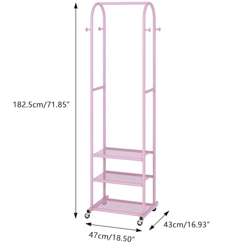 Kaitiemoo Heavy Duty Clothing Rack with Wheels,Modern Garment Rack with 3 Metal Shelves, 71.8Inches Display Rack for Hanging Clothes, Hanging Rod for Small Space,Pink - color: Pink