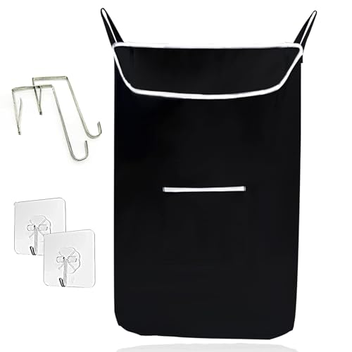 The Fine Living Co. Large Hanging Laundry Hamper with Over Door Hooks & Adhesive, Durable Space Saving Laundry Bag with Zipper and Wide Open Top, Hanging Dorm Laundry Hamper 18"x4.75"x28" (Black-L) - color: Black-L, size: Large