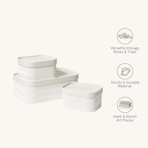 LA JOLIE MUSE Fluted Cardboard Storage Baskets with Leather-Like Lids, Paper Boxes Decorative Tray, Modern Basket Organizer Bins for Organizing,Eggshell White - color: Eggshell White