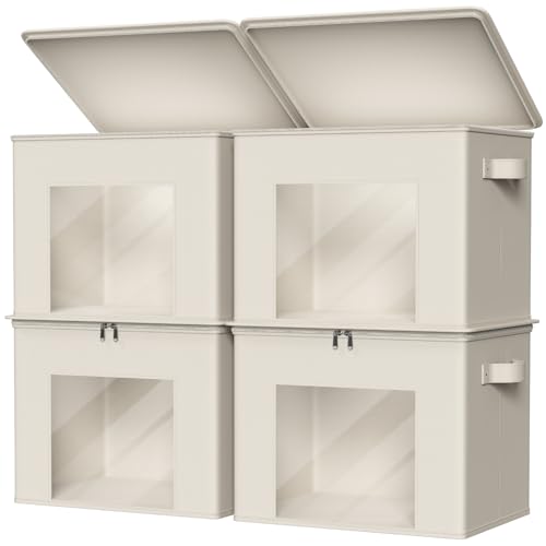 Zilink Fabric Storage Bins with Lid 4-Pack Stackable Cloth Storage Bins Sweater Organizer with Zipper & Clear Window Closet Organizers and Storage Box for Home, Office, Bedroom (Beige,17" x 12" x 12") - color: Beige