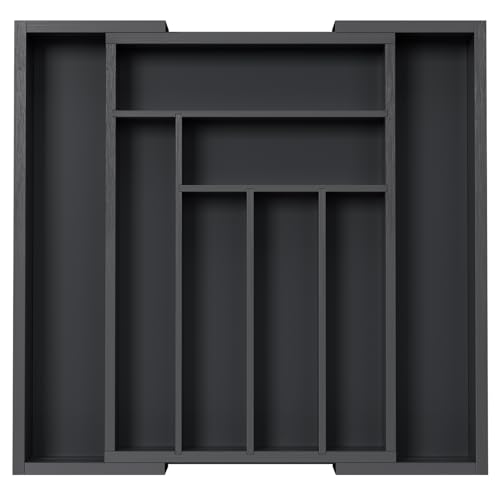 Pipishell Bamboo Expandable Drawer Organizer for Utensils Holder, Adjustable Cutlery Tray, Wood Drawer Dividers Organizer for Silverware, Flatware, Knives in Kitchen, Bedroom, Living Room(M-Black) - color: Black, size: Medium