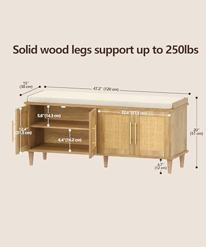 Akxomel Rattan Shoe Storage Bench with Cushion, 2-Tier Entryway Bench with Adjustable Shelves and 4 Doors, 15" D x 47.2" W x 20" H, Solid Wood Legs, for Hallway, Living Room, Bedroom, Natural Oak - size: 15"D x 47.2"W x 20"H