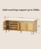 Akxomel Rattan Shoe Storage Bench with Cushion, 2-Tier Entryway Bench with Adjustable Shelves and 4 Doors, 15" D x 47.2" W x 20" H, Solid Wood Legs, for Hallway, Living Room, Bedroom, Natural Oak - size: 15"D x 47.2"W x 20"H