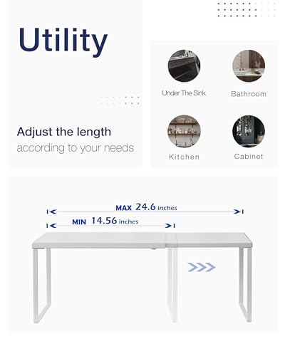 Nxconsu Cabinet Shelf Expandable Organizer Riser Rack for Kitchen Pantry Cupboard Under Sink Countertop Home Organization Extra Storage Space Saver Heavy Duty Metal Edgeless Design White Extra Large - color: White, size: 11.8’’D * 14.56-24.6’’W * 8.46’’H