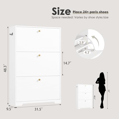 Nicetree Shoe Cabinet with 3 Flip Drawers, Narrow Shoe Organizer Cabinet, Freestanding Shoe Rack Cabinet, Morden Shoe Storage Cabinet for Entryway, Hallway, Foryer, White with Hook - color: White, style: 3-Drawers with Hook