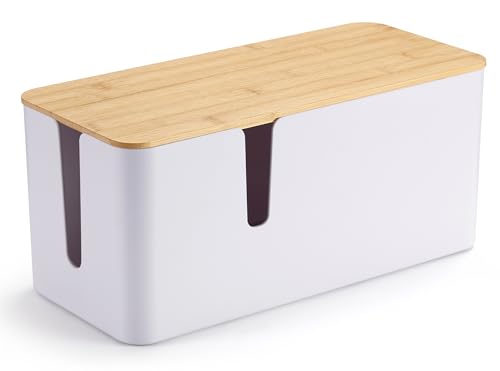 ZhiYo Bamboo Lid Cord Organizer Box, Safe ABS Cable Management Box for TV and Computer, Wood Cover Cord Hider to Hide Wires, Router, USB Hub & Under Desk Power Strip, 1 Pack L13.1 xW5.6 xH5.6 White - color: White, size: L